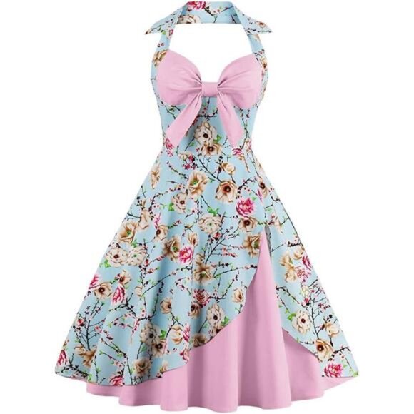 Women Retro Swing Dress Pink x Blue - Picture 1 of 5